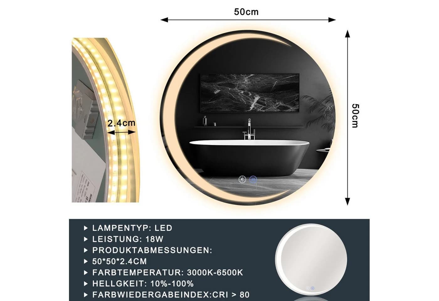 Nettlife Badspiegel LED Beleuchtung Rund 80cm - Bild 5