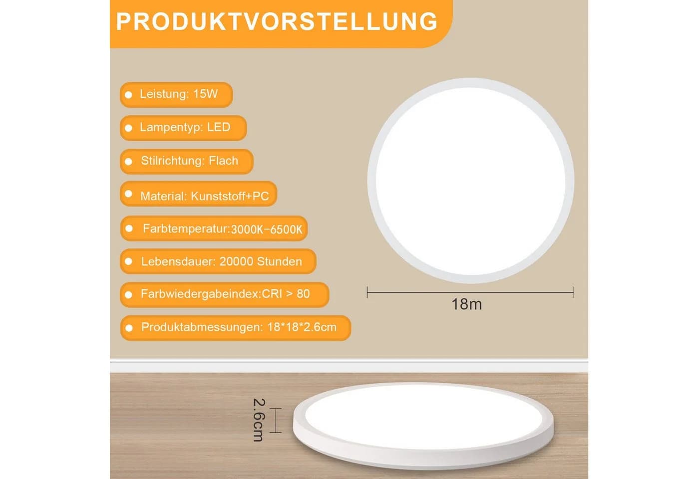 Nettlife LED Deckenleuchte Flach 15W Dimmbar Warmweiß Schwarz - Bild 3