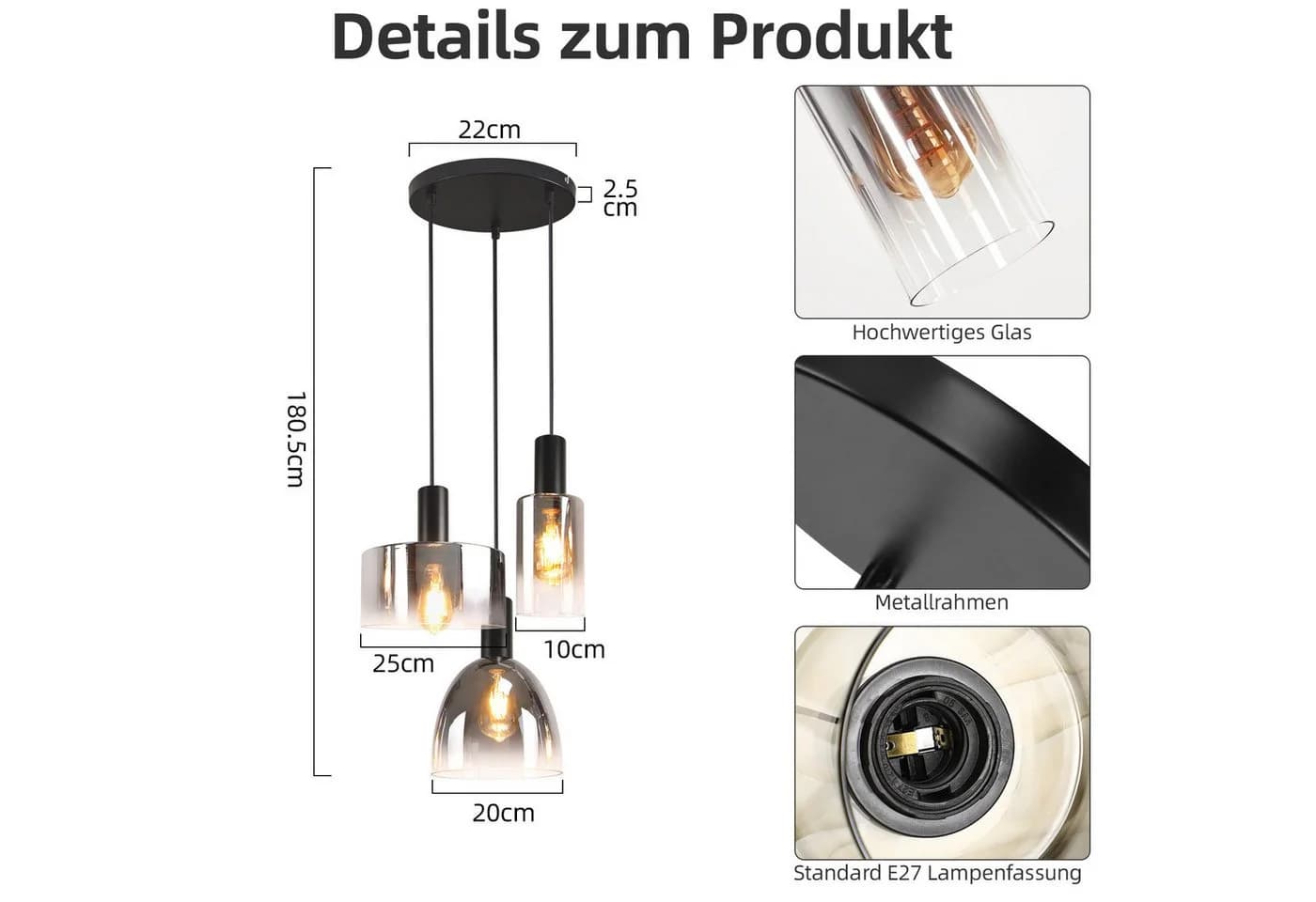 Nettlife Pendelleuchte 3/4 rauchgrauem Glas E27 Fassung Industrielle Hängeleuchte