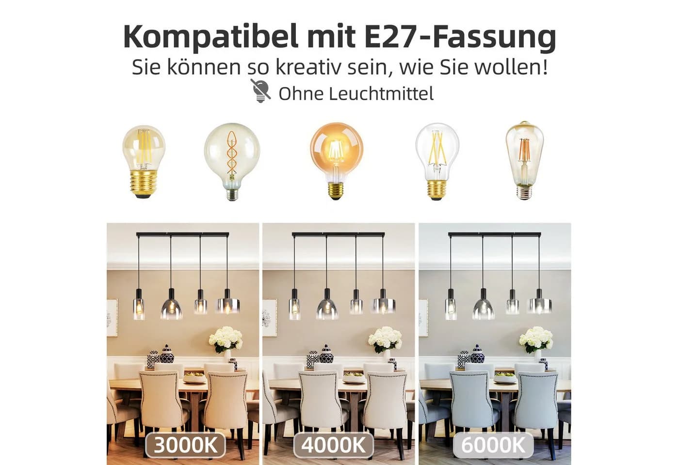Nettlife Pendelleuchte Rauchgrau Glas E27 Höhenverstellbar LED wechselbar