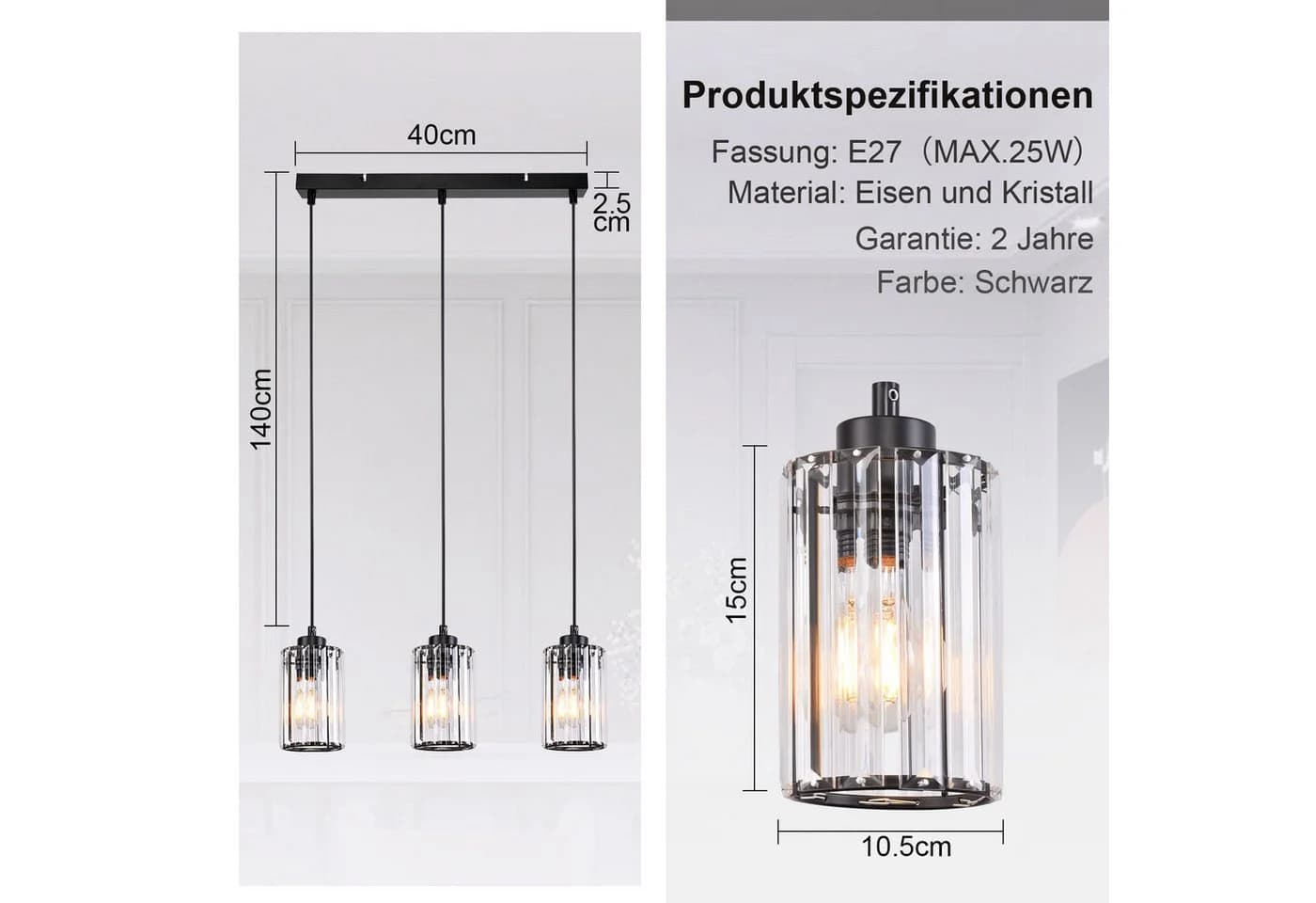 Nettlife Pendelleuchte Kristall Schwarz Modern 1/3/4 Flammig E27 Hängeleuchte - Bild 3