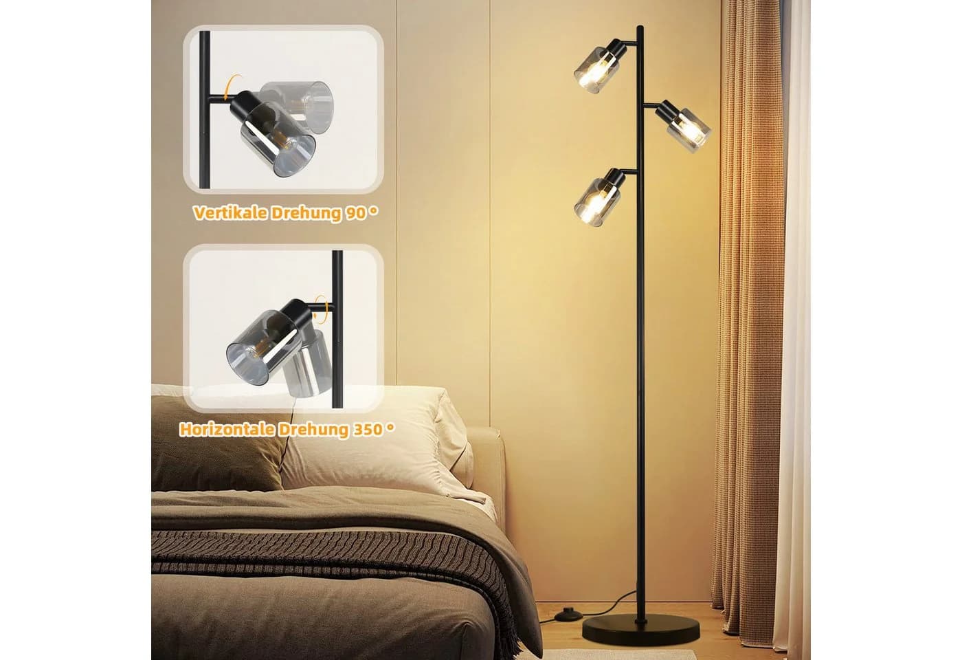 Nettlife Stehlampe Vintage Schwarz Metall 350° Schwenkbar