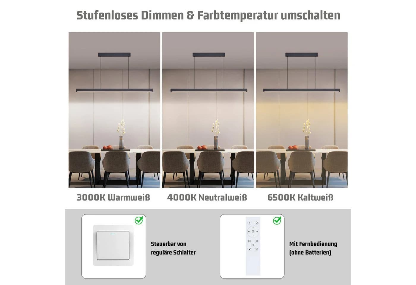 Nettlife LED Pendelleuchte Dimmbar Schwarz Esszimmer Modern 50W 148.5CM Hängelampe