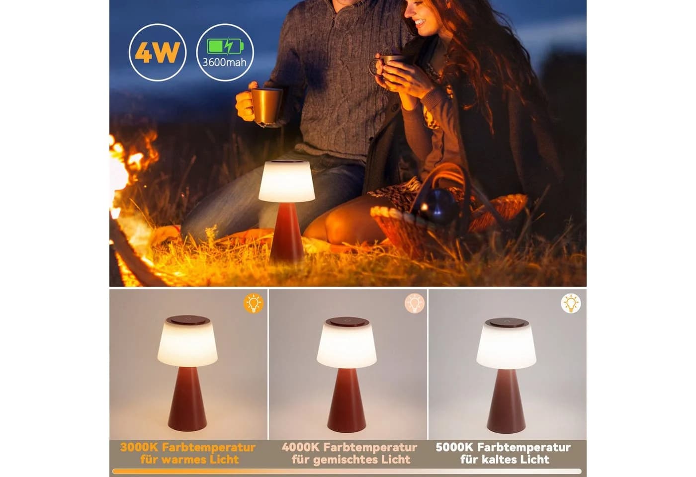 Nettlife LED Tischleuchte Kabellos Touch Dimmbar Akku 3600mAh Schwarz/Weiß