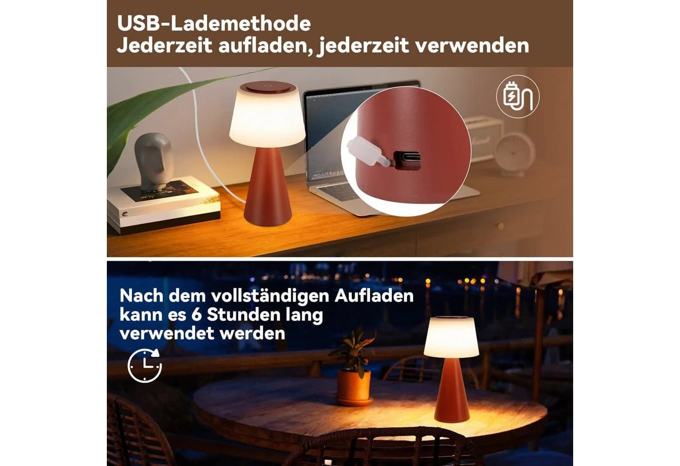 Nettlife LED Tischleuchte Kabellos Touch Dimmbar Akku 3600mAh Schwarz/Weiß - Bild 4