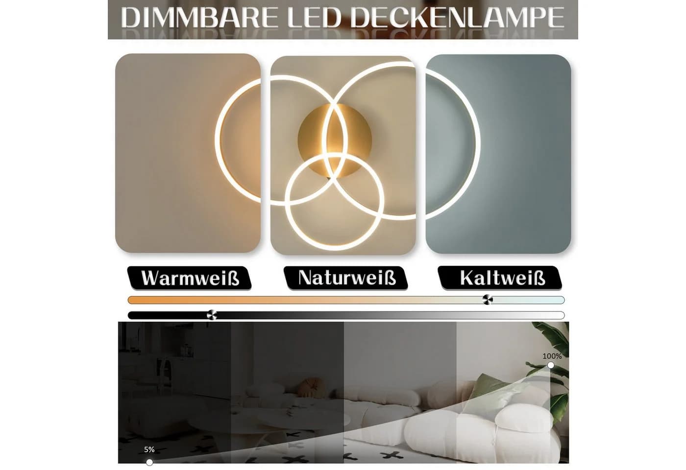 Nettlife LED Deckenleuchte Dimmbar Gold 2 Ring Acryl 46W 59CM Modern