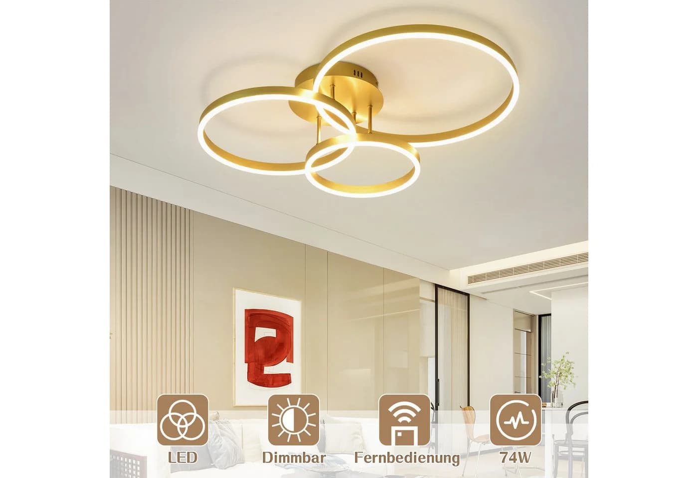 Nettlife LED Deckenleuchte Dimmbar Gold 2 Ring Acryl 46W 59CM Modern - Bild 3