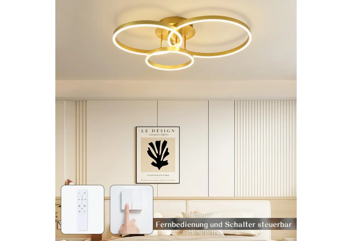 Nettlife LED Deckenleuchte Dimmbar Gold 2 Ring Acryl 46W 59CM Modern - Bild 5
