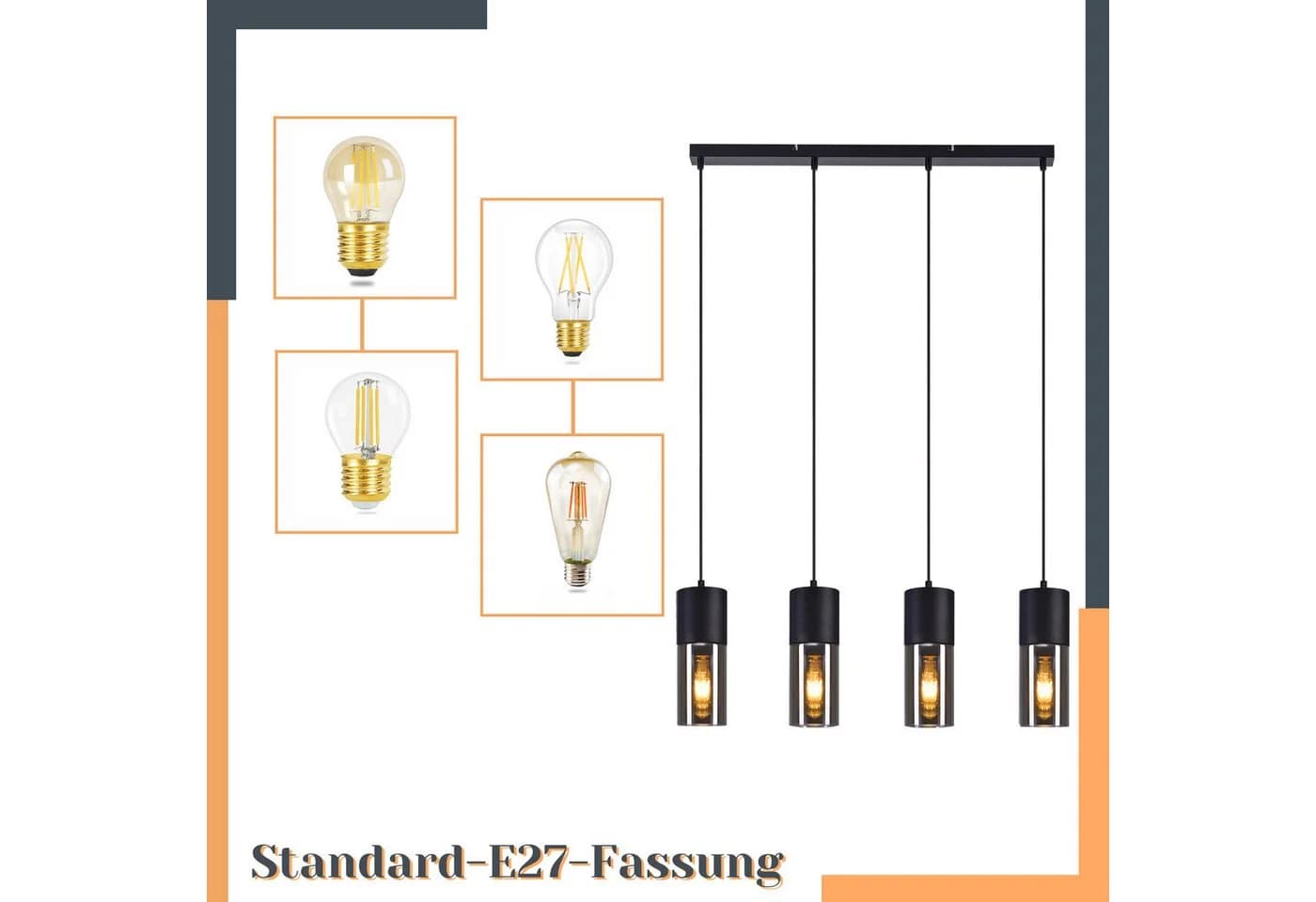 Nettlife Pendelleuchte Schwarz E27 1/3/4 Flammig Glasschirm Hängeleuchte