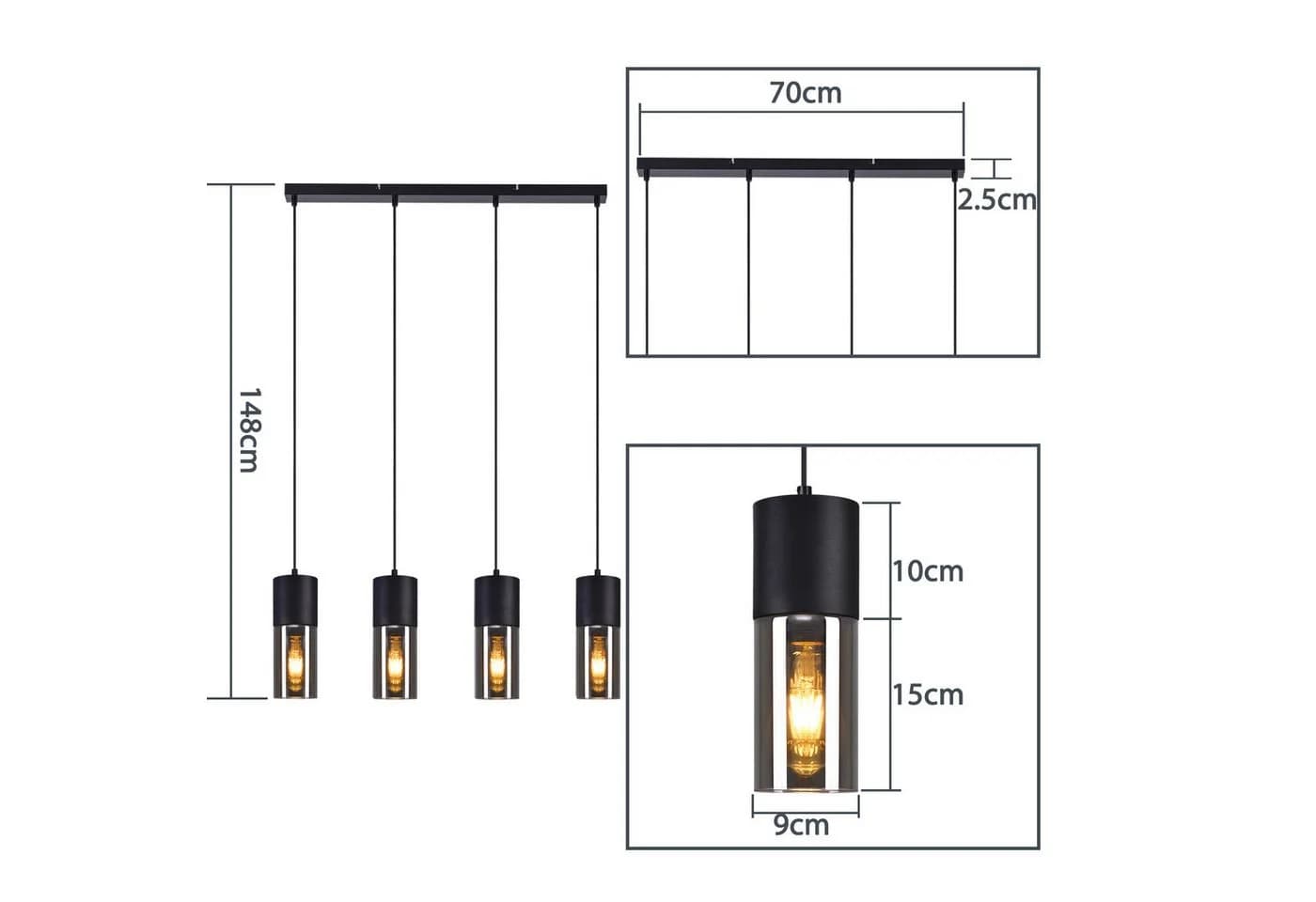 Nettlife Pendelleuchte Schwarz E27 1/3/4 Flammig Glasschirm Hängeleuchte - Bild 5