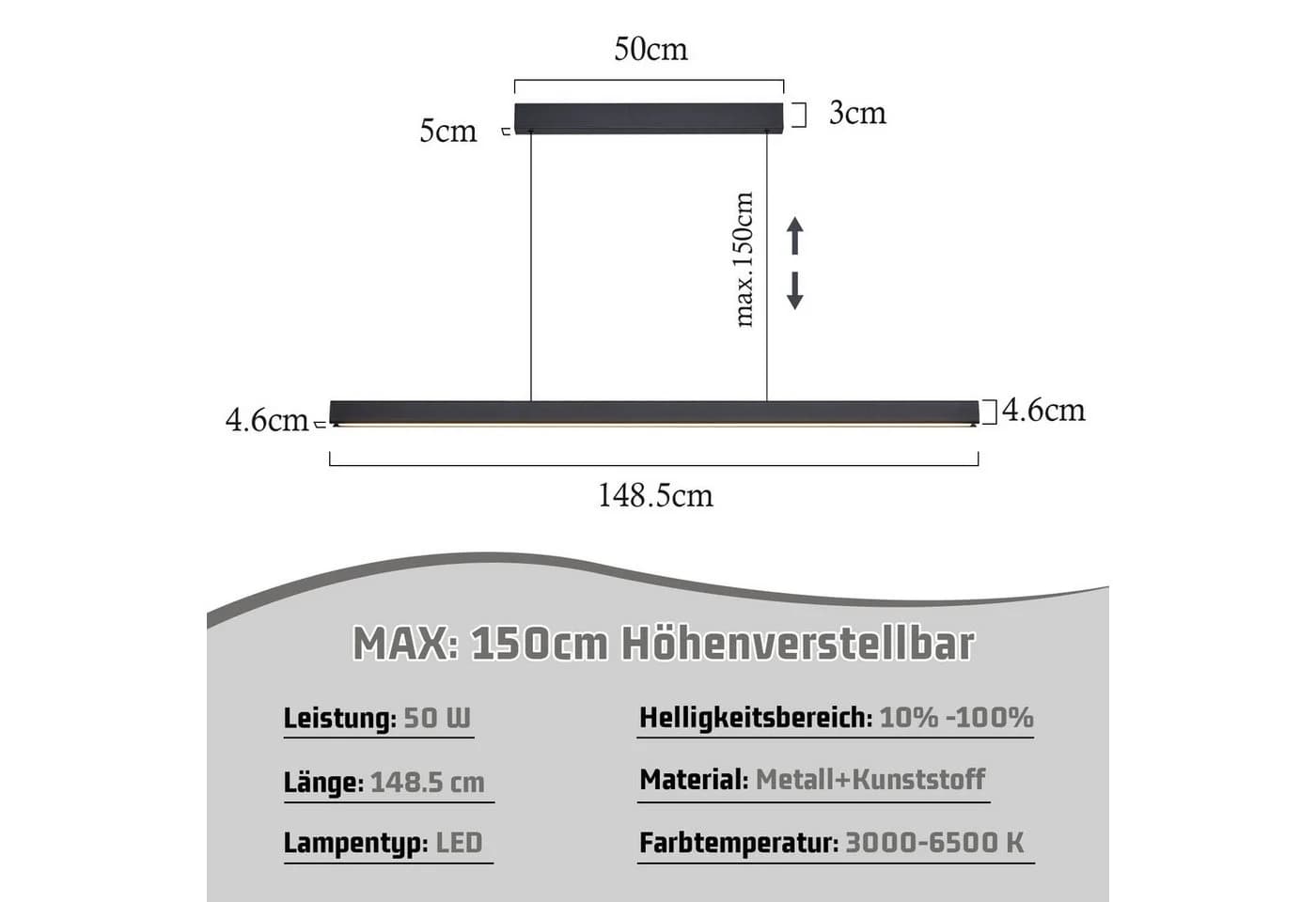 Nettlife LED Pendelleuchte Schwarz Dimmbar mit Fernbedienung 108CM 37W Modern - Bild 3