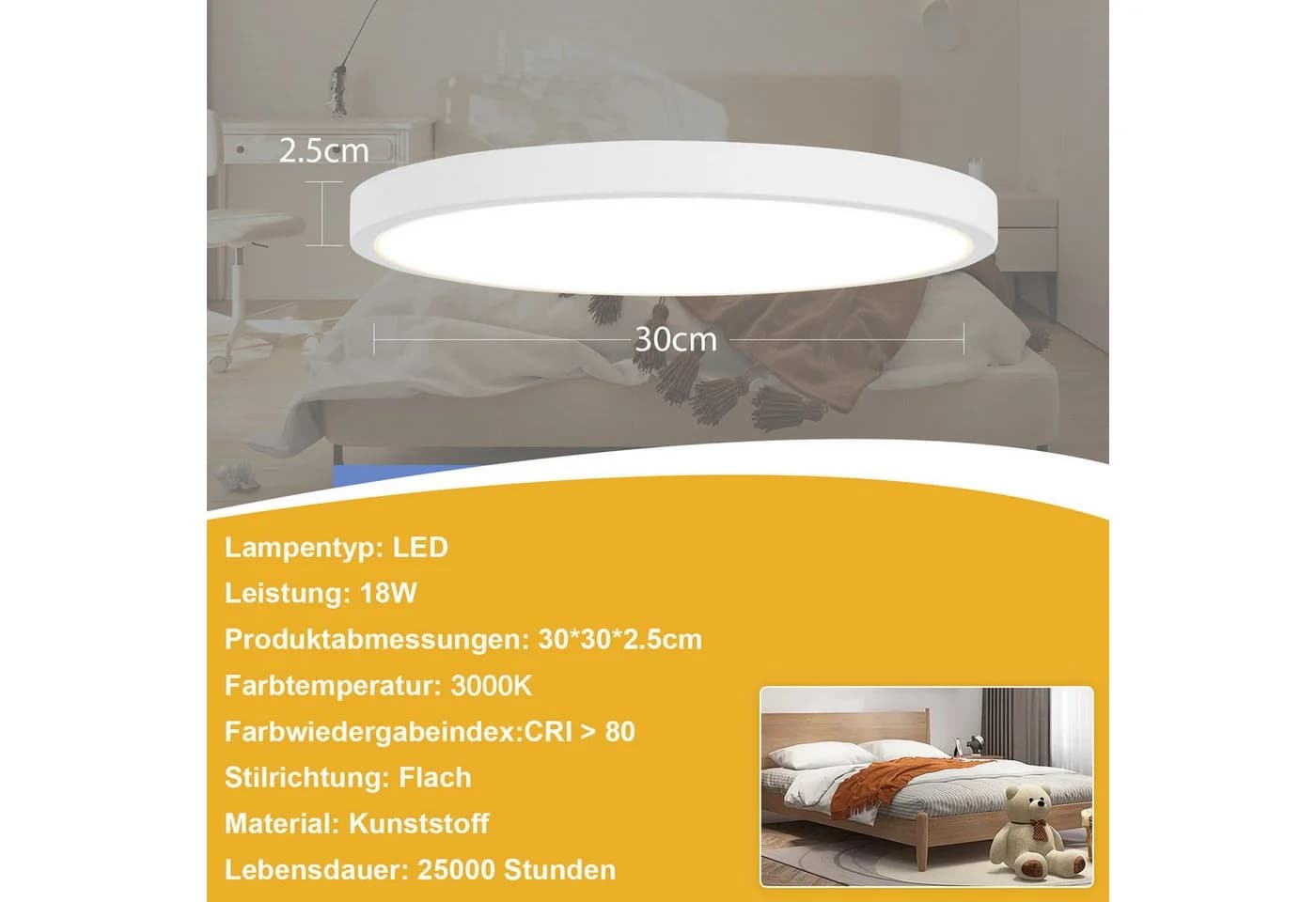 Nettlife LED Panel Deckenlampe Flach Rund Flurlampe Weiß 24W, LED fest integriert, Warmweiß - Bild 3