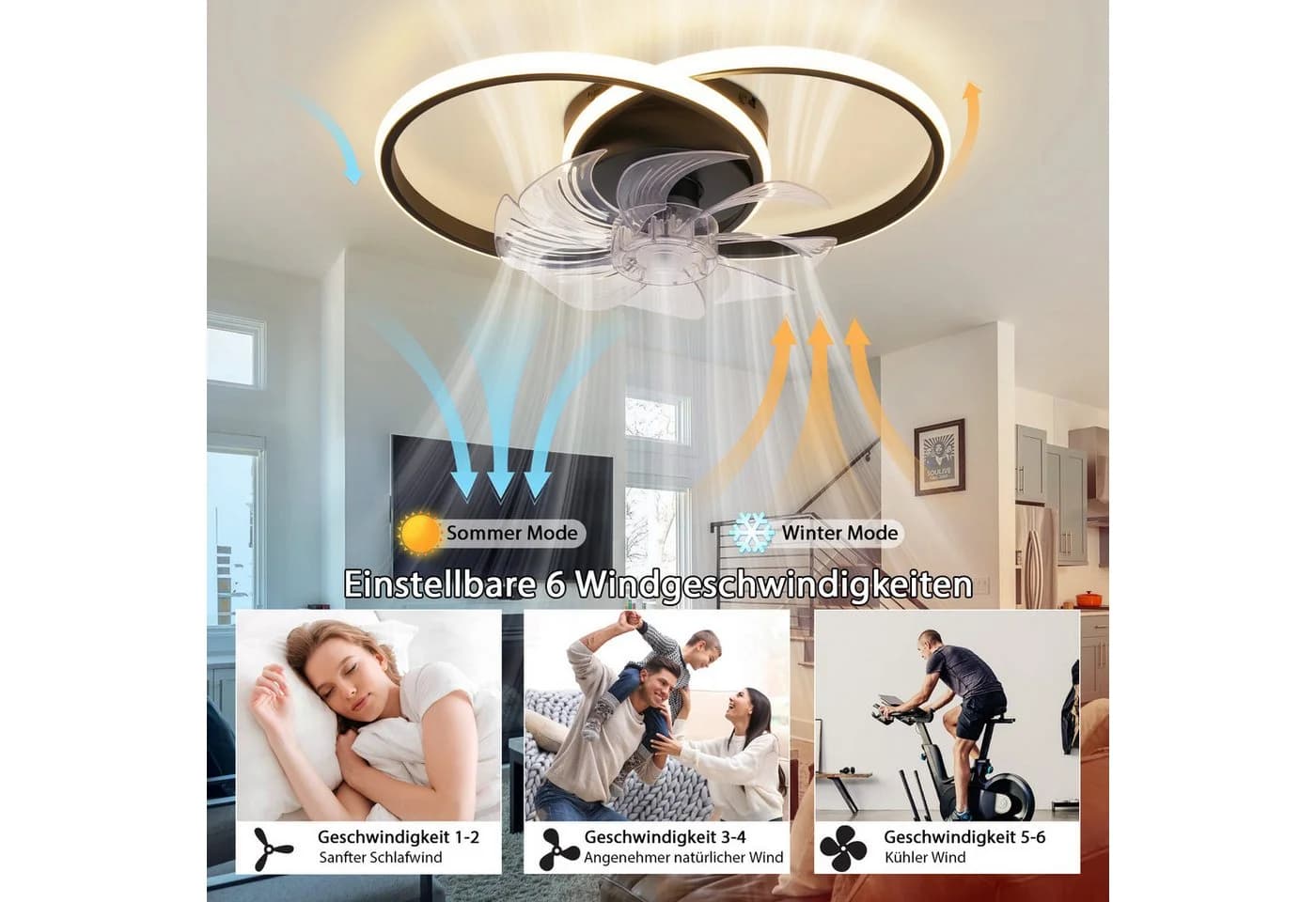 Nettlife Deckenventilator mit LED Licht Schwarz Fernbedienung 36W