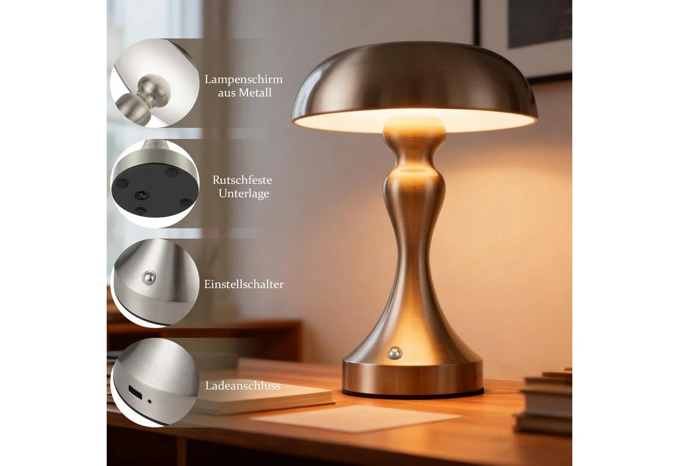 Nettlife LED Nachttischlampe Touch Dimmbar Kabellos Akku Tischleuchte Vintage Nickel