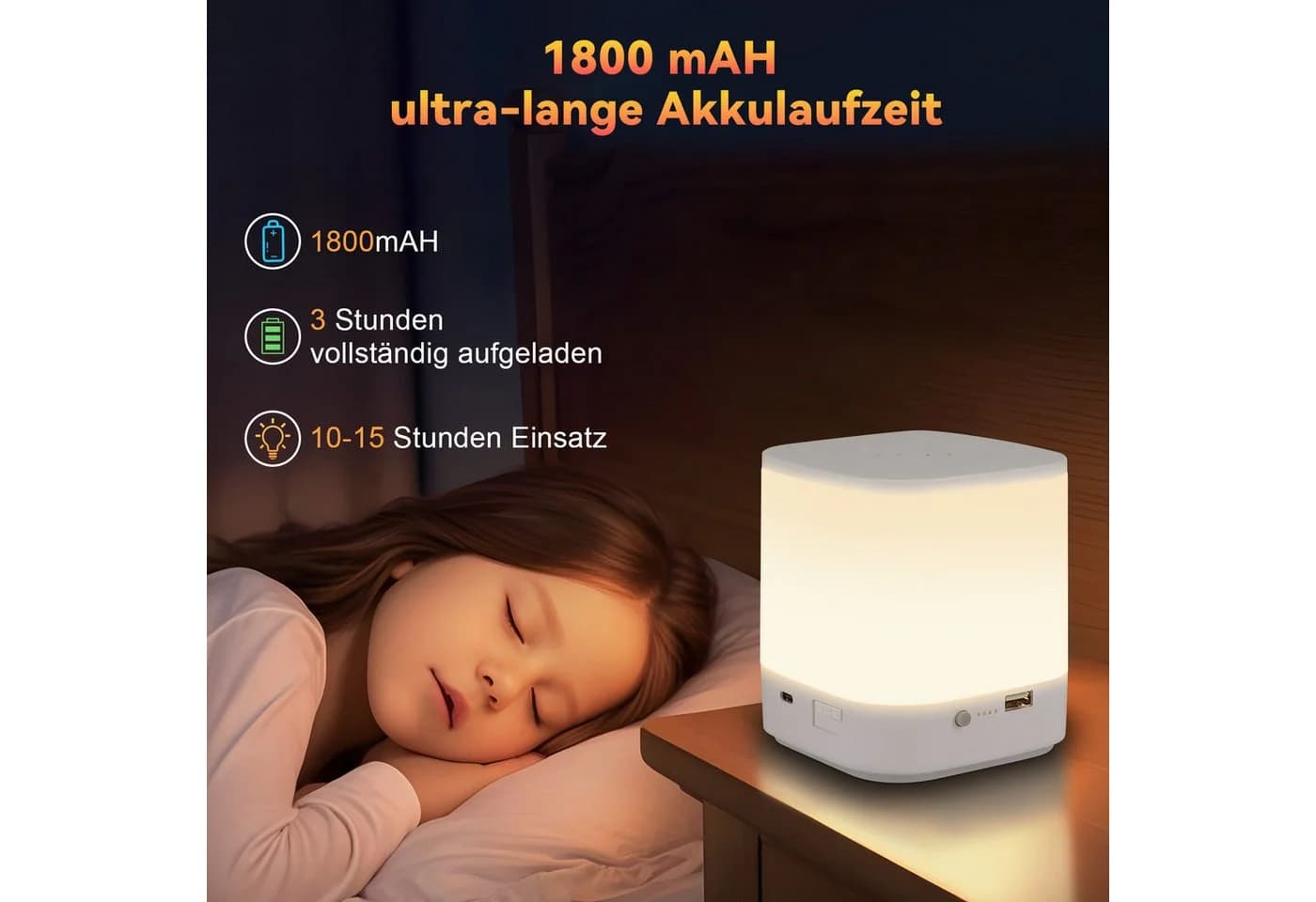 Nettlife LED Nachttischlampe Touch-Dimmbar Akku 1800mAh USB Weiß