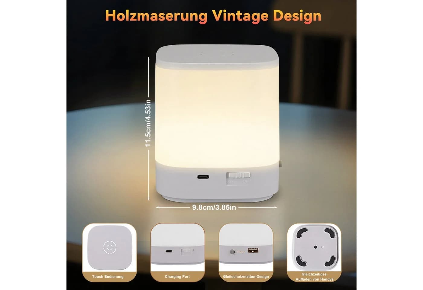 Nettlife LED Nachttischlampe Touch-Dimmbar Akku 1800mAh USB Weiß - Bild 4