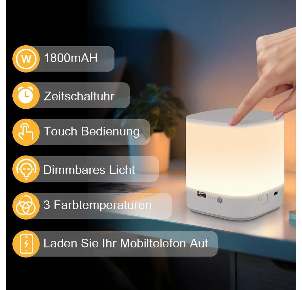 Nettlife LED Nachttischlampe Touch-Dimmbar Akku 1800mAh USB Weiß - Bild 5