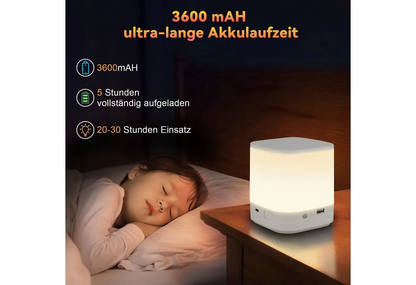 Nettlife LED Nachttischlampe Touch Dimmbar Akku 3600mAh USB Aufladbar Weiß
