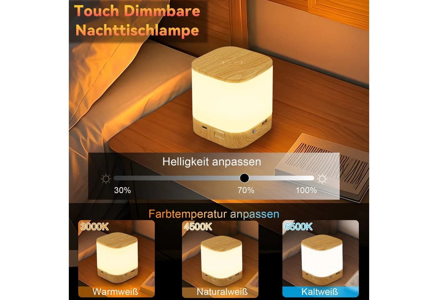 Nettlife LED Nachttischlampe 2ER Touch Dimmbar Akku 1800mAh USB Aufladbar Kabellos