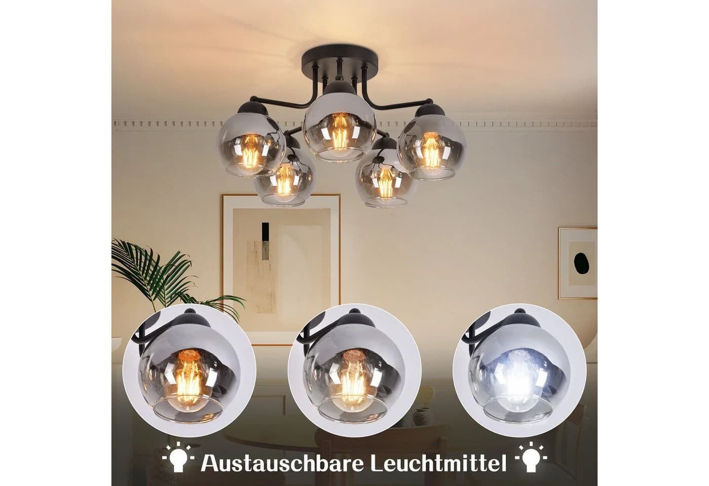 Nettlife Deckenleuchte Glas Schwarz Vintage 3/5 flammig E27 Industrial