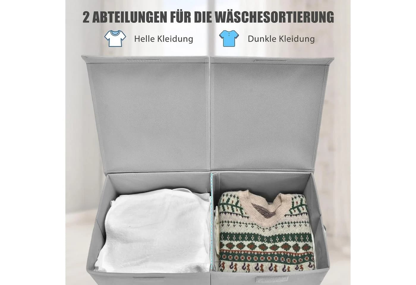 KOMFOTTEU Wäschekorb 2 Fächer mit Deckel & Wäschesäcken 115L - Bild 4