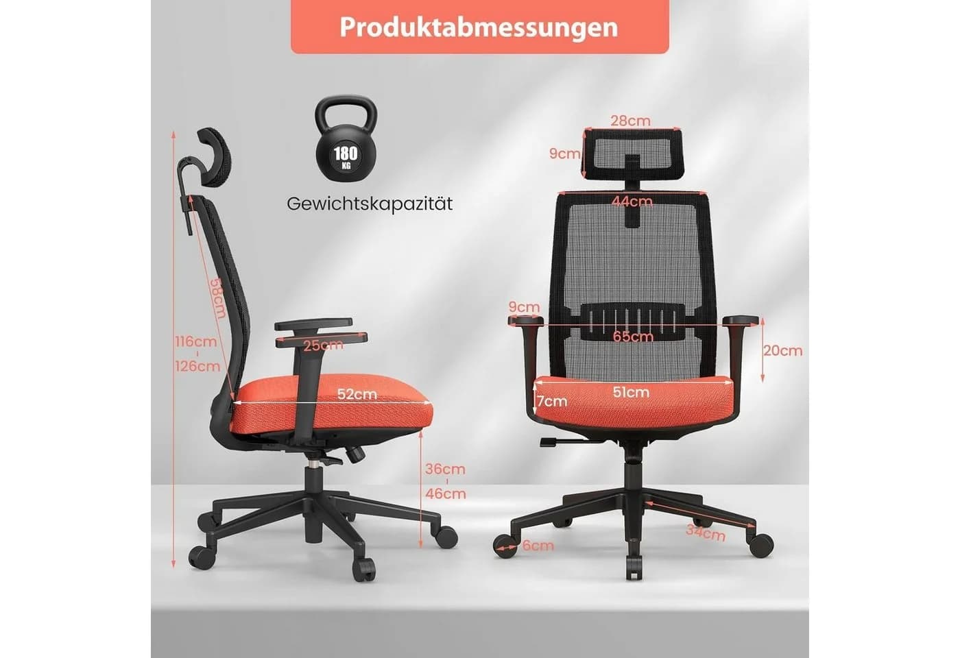 KOMFOTTEU Bürostuhl höhenverstellbar mit Kopfstütze Schwarz/Orange - Bild 4