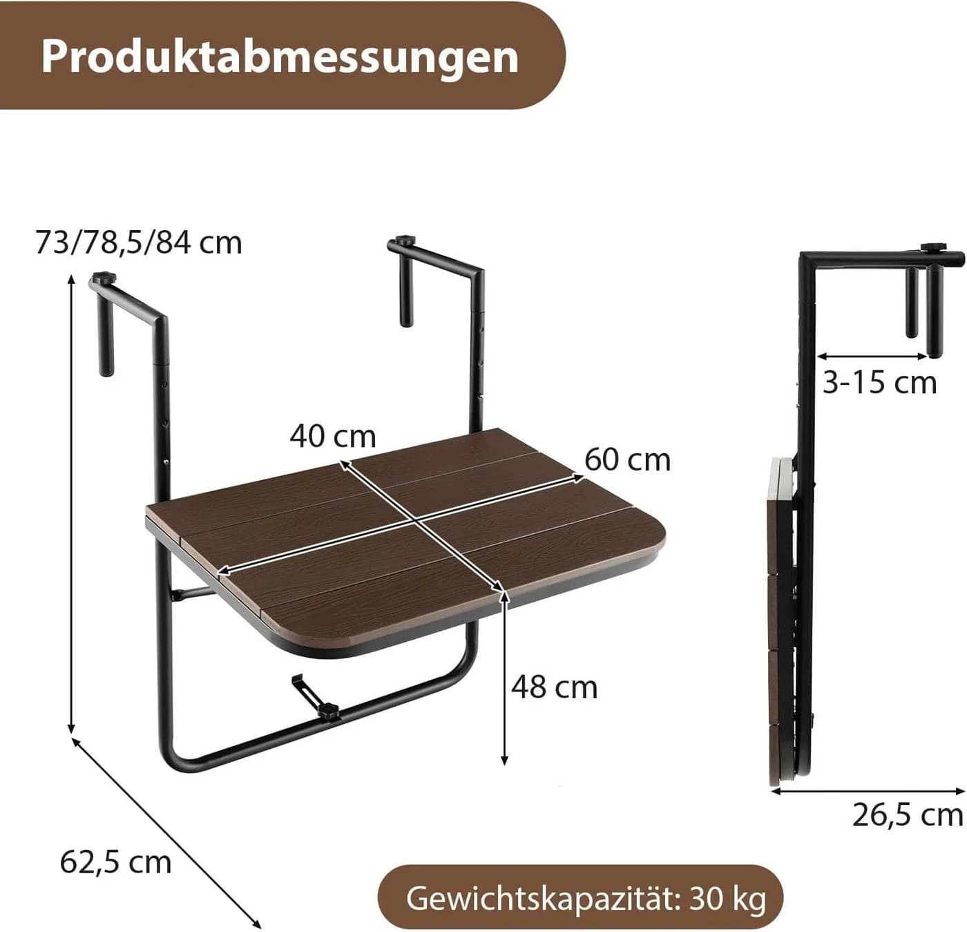 KOMFOTTEU Balkonhängetisch Klapptisch höhenverstellbar Braun/Anthrazit - Bild 3