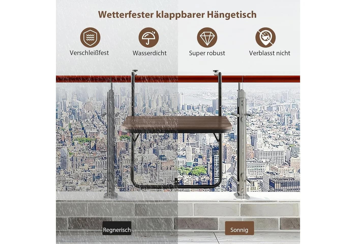 KOMFOTTEU Balkonhängetisch Klapptisch höhenverstellbar Braun/Anthrazit - Bild 4
