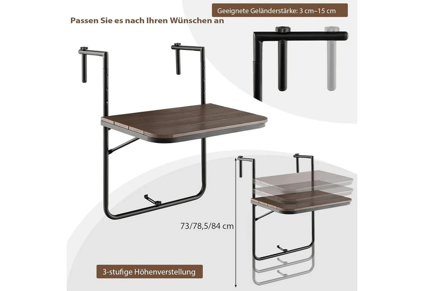KOMFOTTEU Balkonhängetisch Klapptisch höhenverstellbar Braun/Anthrazit - Bild 5
