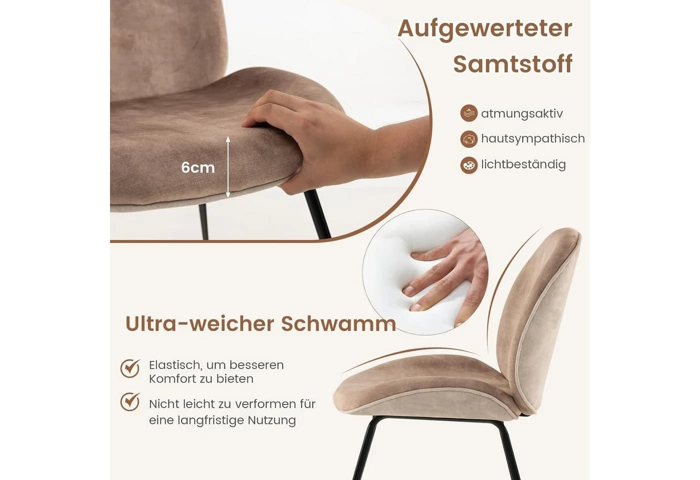 KOMFOTTEU Esszimmerstuhl Küchenstuhl 2er Set Samt Metall - Bild 4