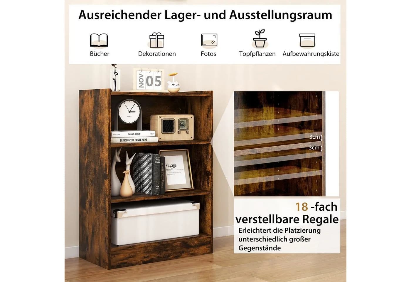 COSTWAY Bücherregal 3 Fächer Braun Holzwerkstoff - Bild 4