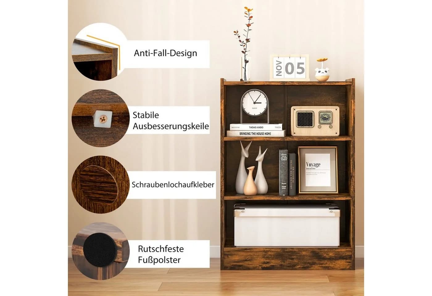 COSTWAY Bücherregal 3 Fächer Braun Holzwerkstoff - Bild 5
