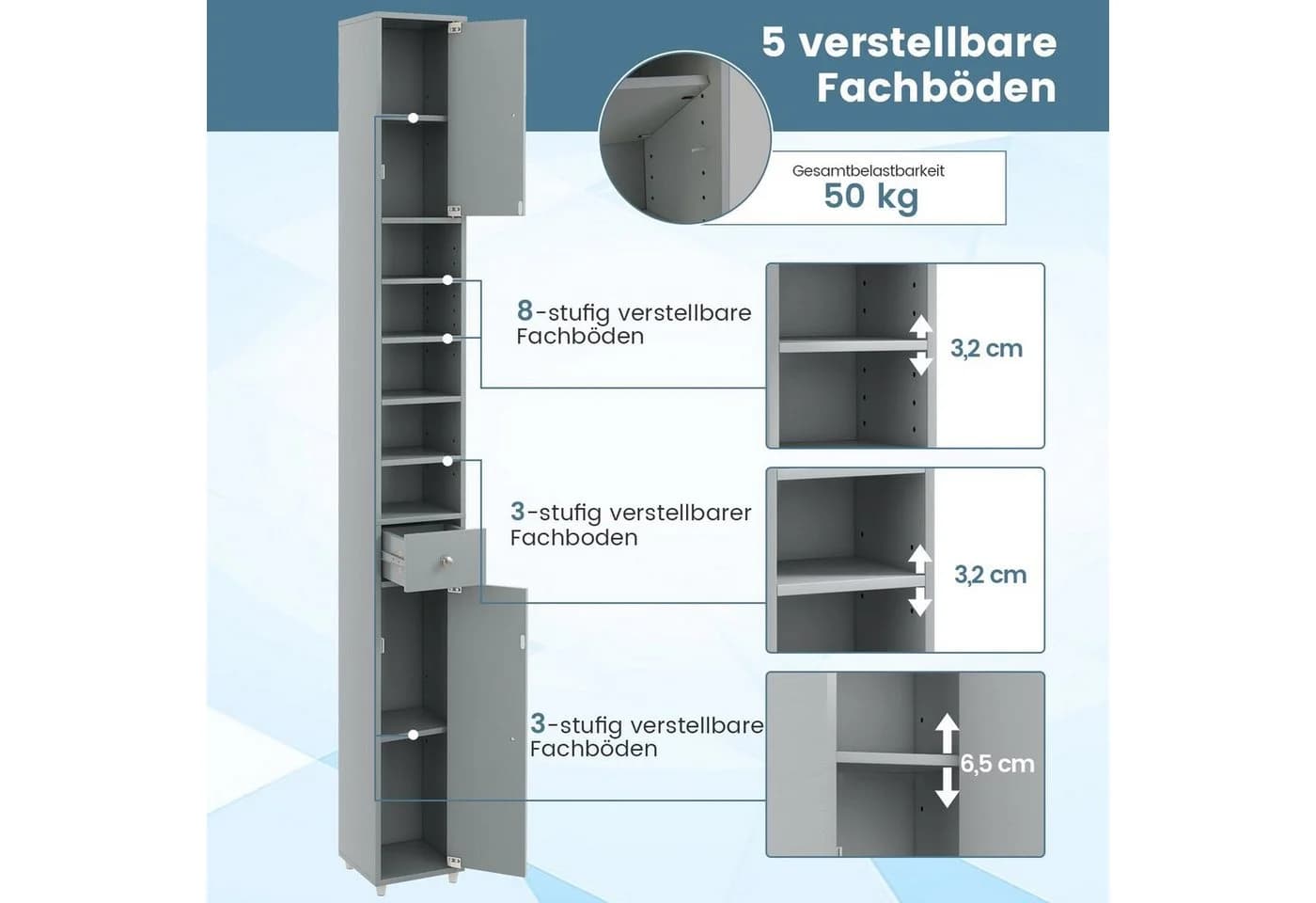 COSTWAY Hochschrank Badschrank schmal mit Schublade, Türen & 9 Fächern, 180cm weiß - Bild 4