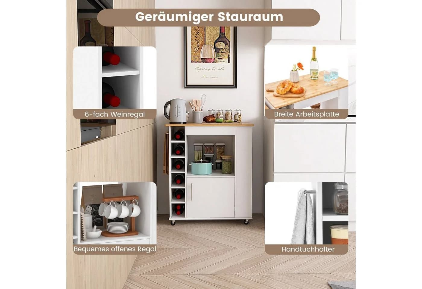 COSTWAY Küchenwagen Weiß Bambus mit Gewürzregal & Rollen - Bild 4