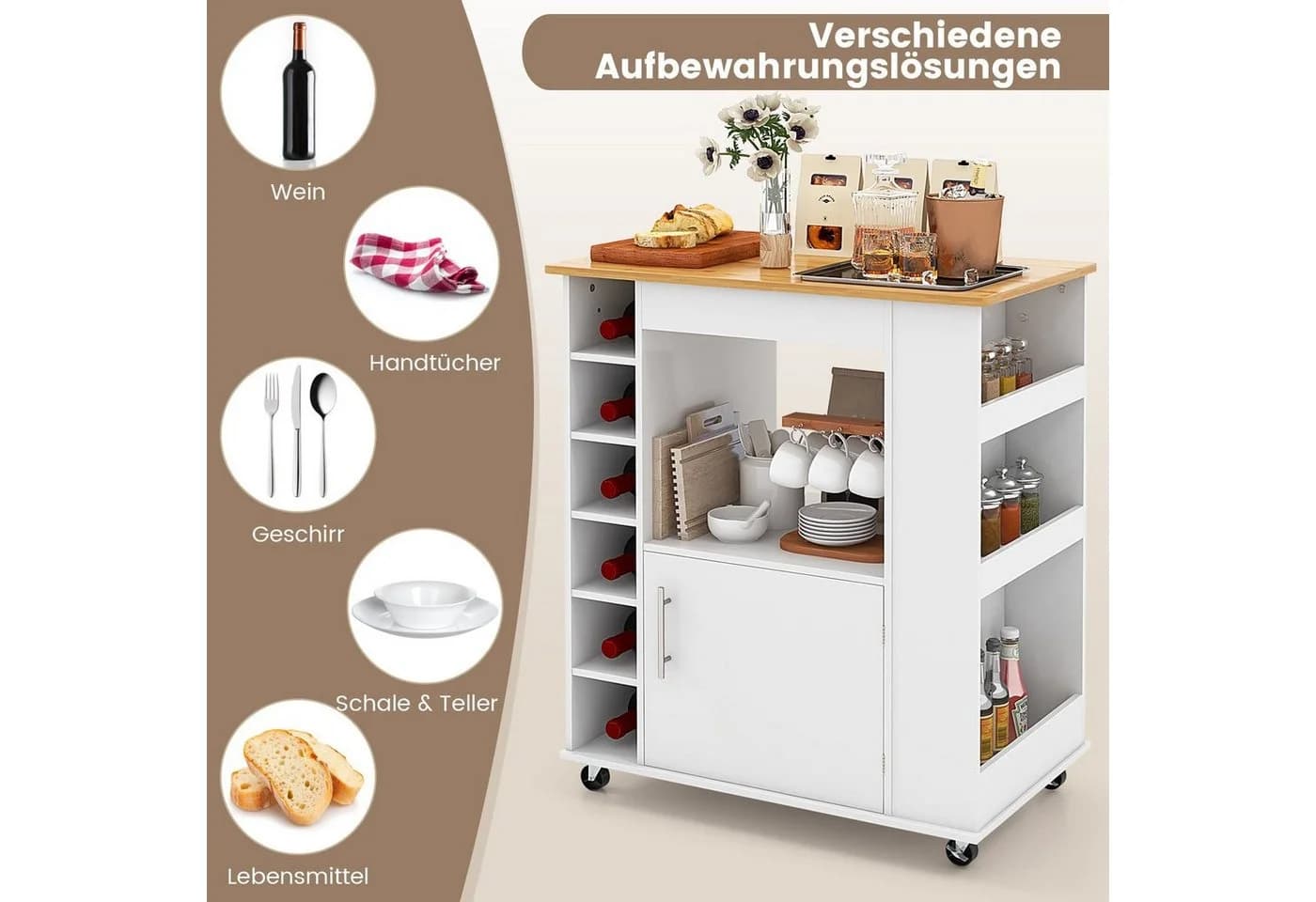 COSTWAY Küchenwagen Weiß Bambus mit Gewürzregal & Rollen - Bild 5
