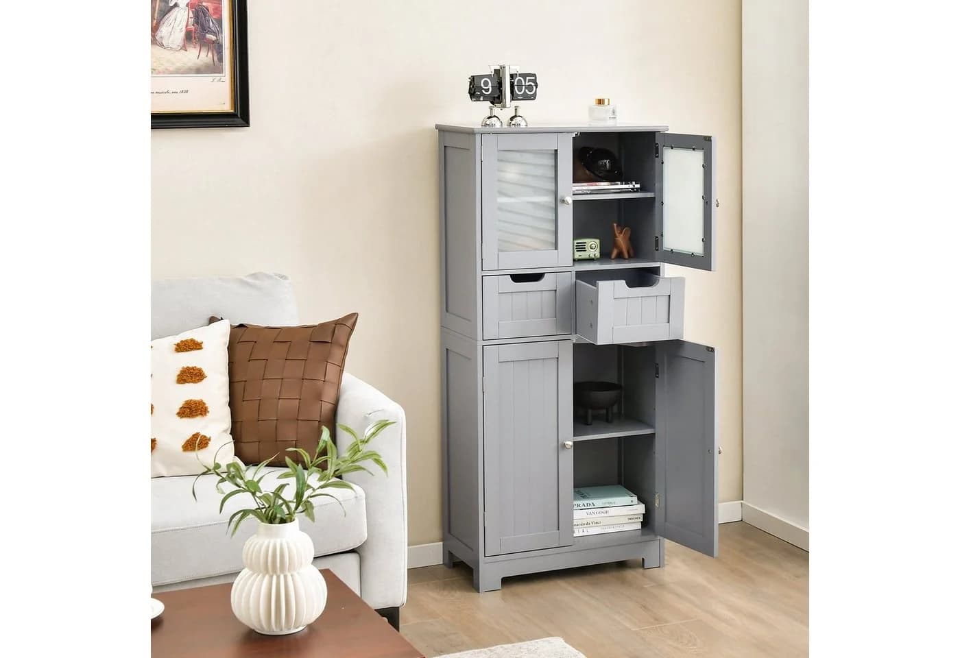 COSTWAY Badschrank mit Schublade, verstellbarem Regal, weiß 128cm