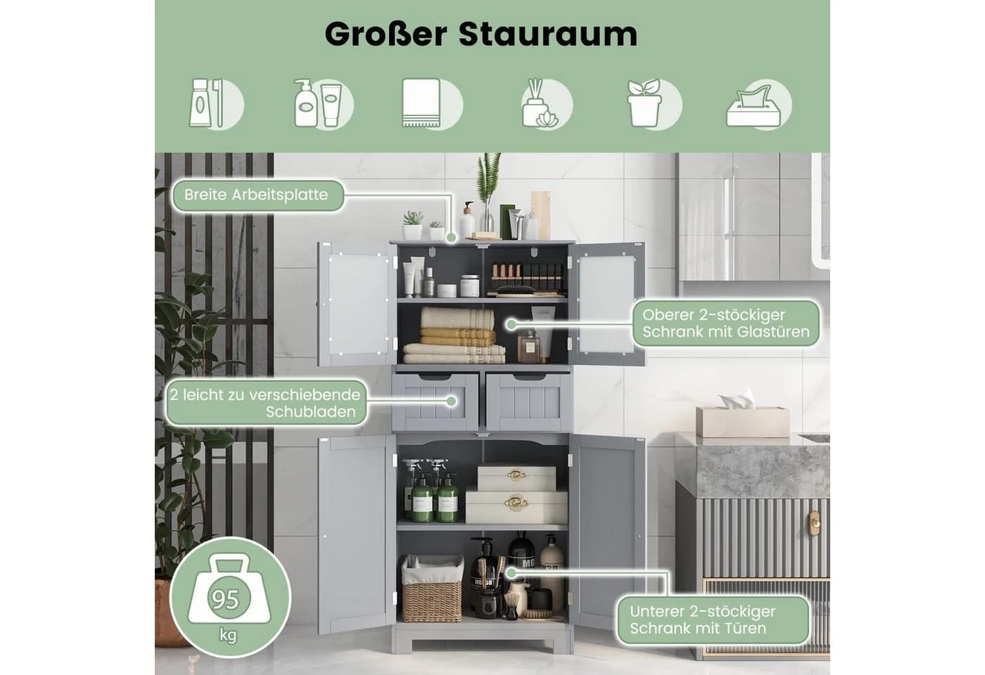 COSTWAY Badschrank mit Schublade, verstellbarem Regal, weiß 128cm - Bild 3