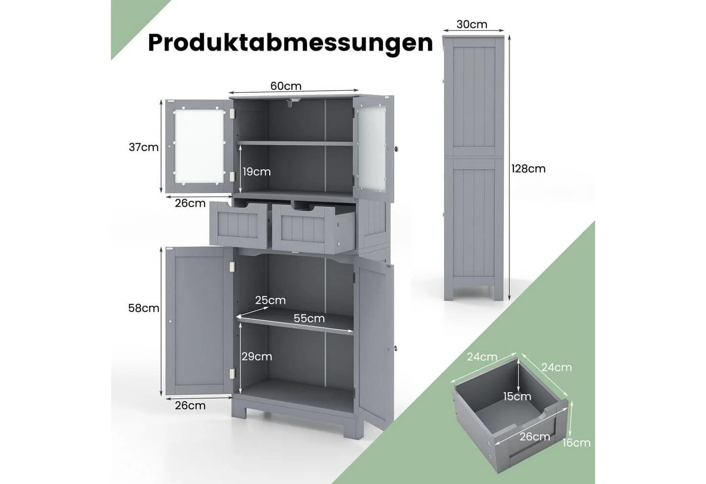 COSTWAY Badschrank mit Schublade, verstellbarem Regal, weiß 128cm - Bild 5