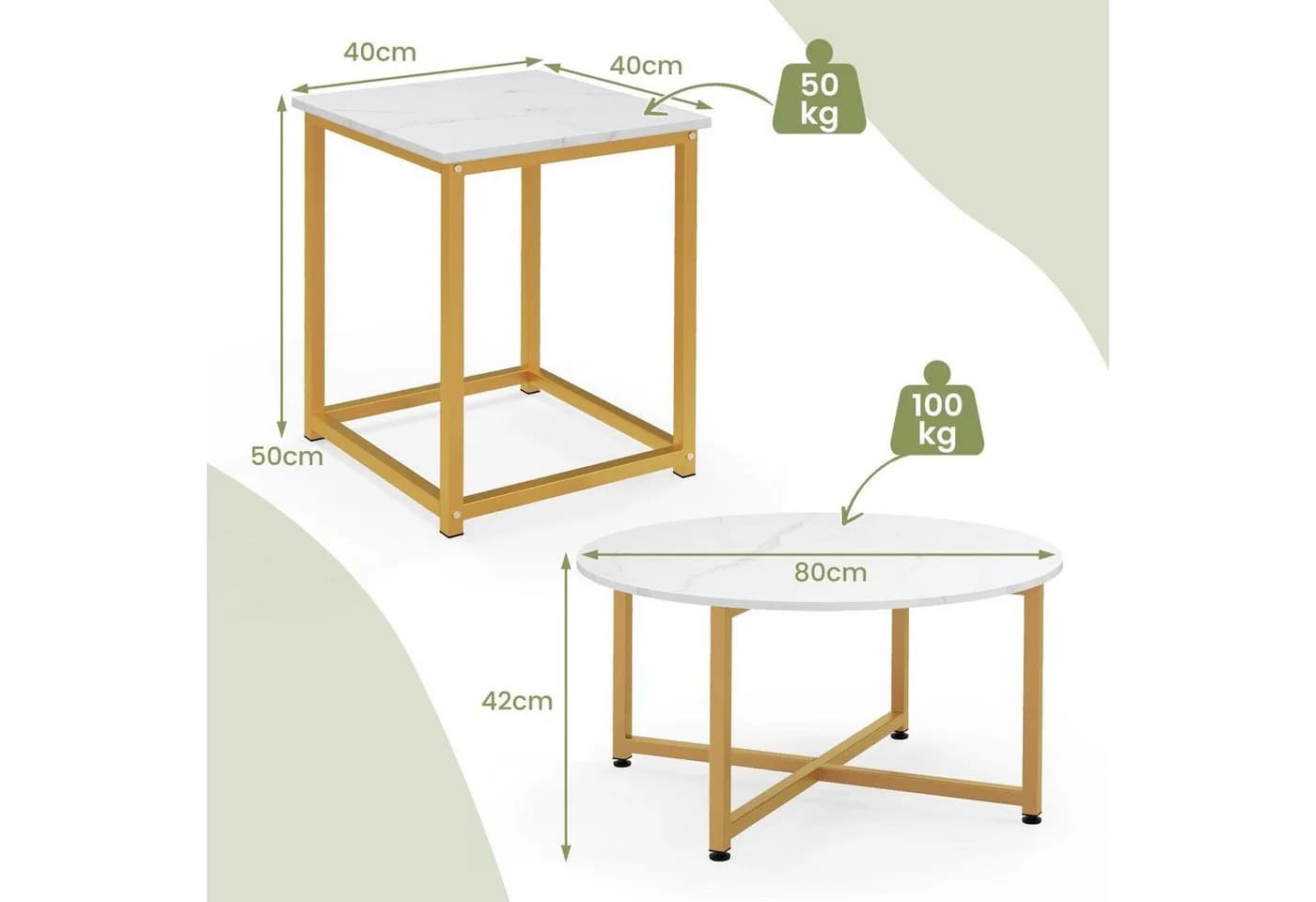 COSTWAY Satztisch 3er Set Couchtisch rund & quadratisch Holz Metallrahmen - Bild 5