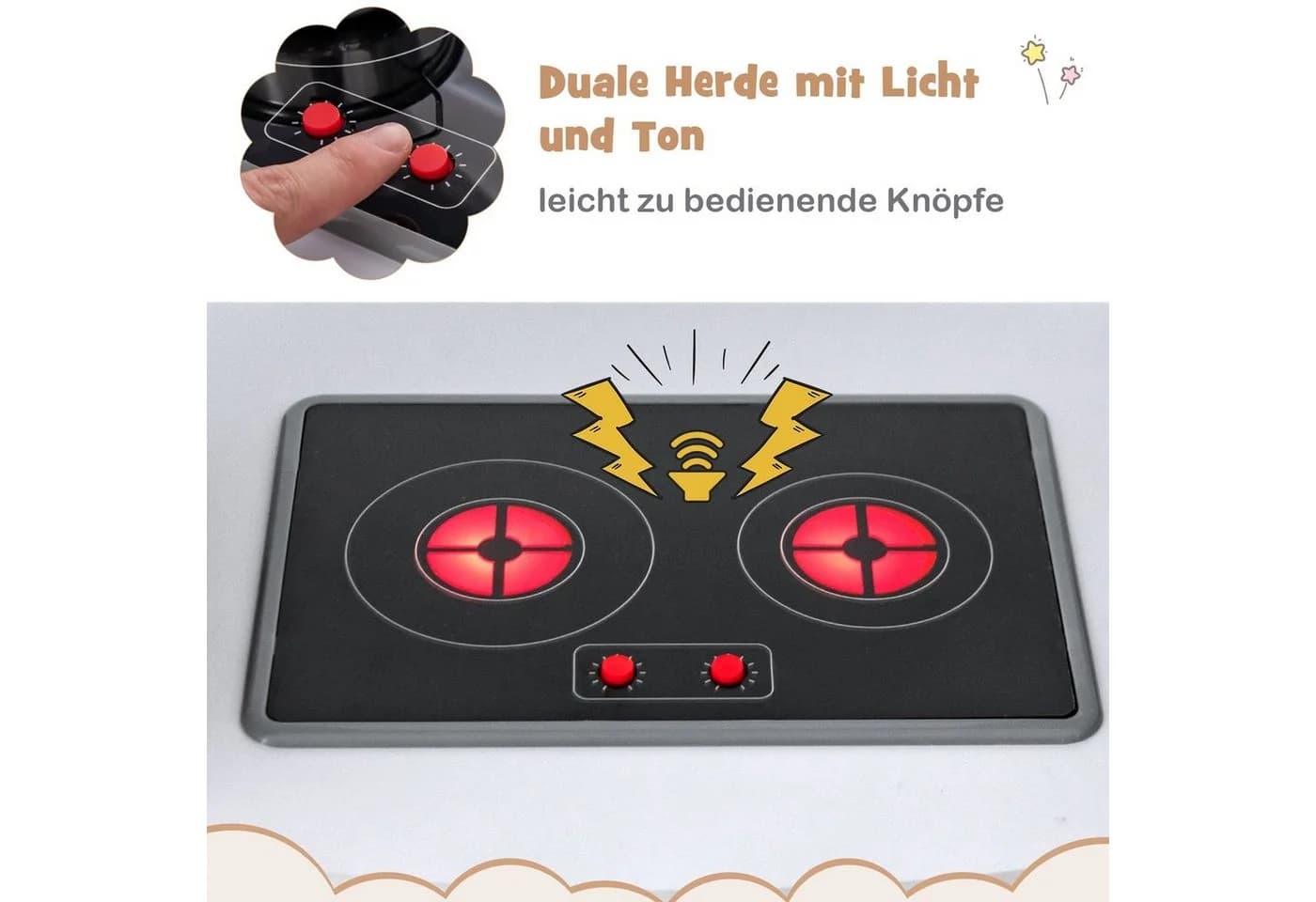 COSTWAY Spielküche Eck Kinderküche Braun Holz mit Lichtern