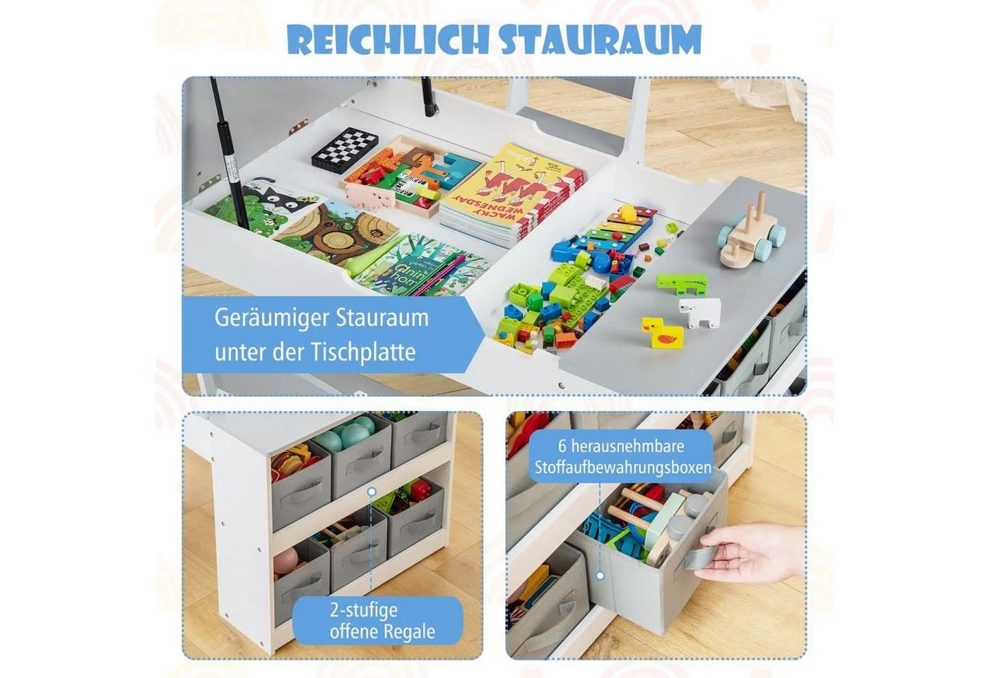COSTWAY Kindersitzgruppe 3 TLG Tisch mit 2 Stühlen & Stauraum ab 3 Jahren - Bild 5