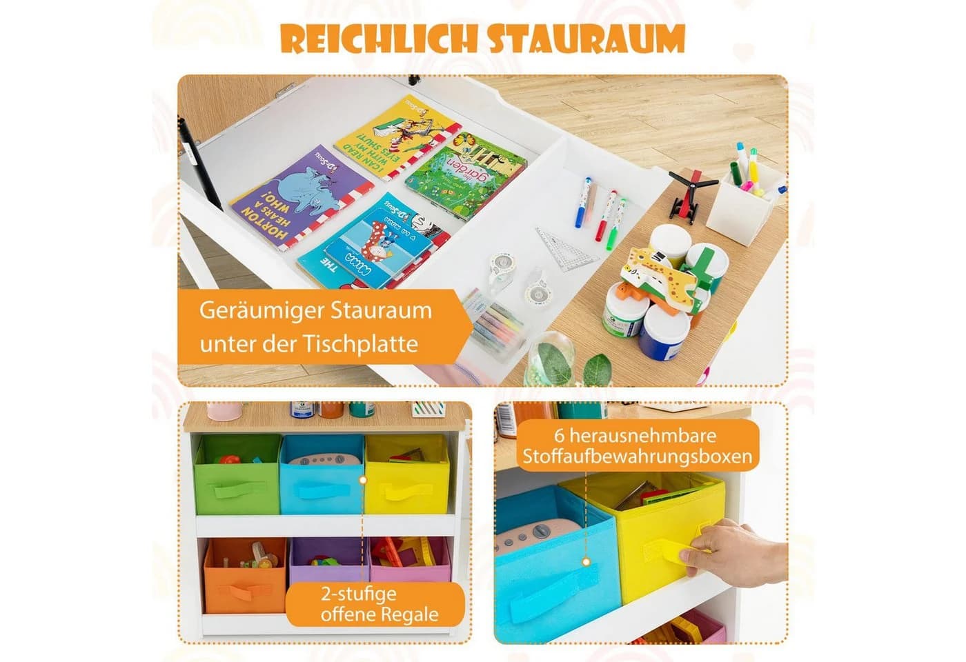 COSTWAY Kindersitzgruppe 3 TLG Tisch mit 2 Stühlen & Stauraum ab 3 Jahren - Bild 4