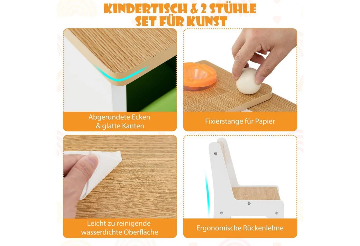 COSTWAY Kindersitzgruppe 3 TLG Tisch mit 2 Stühlen & Stauraum ab 3 Jahren - Bild 5