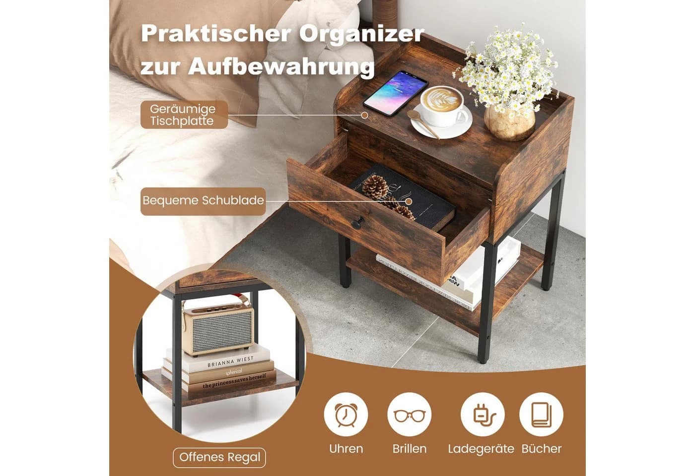 COSTWAY Nachttisch Beistelltisch mit Schublade & Ablage Rustikales Braun