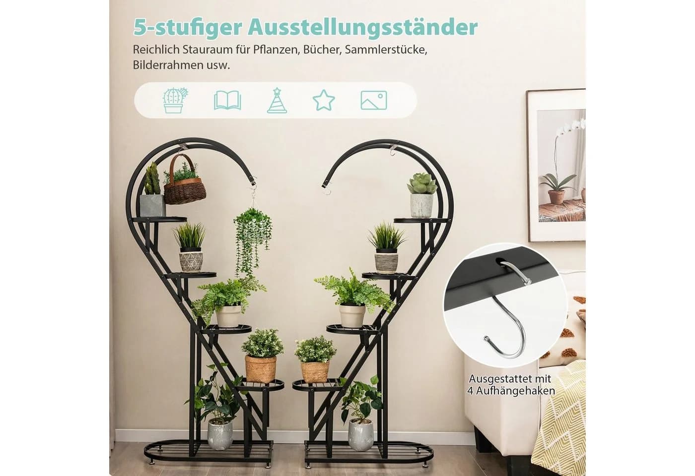 COSTWAY Blumenständer 2 St. Herzförmig 5-stufig Metall - Bild 4