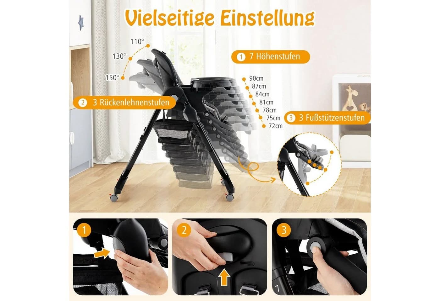COSTWAY Hochstuhl Babystuhl Klappbar Verstellbar Liegefunktion Räder