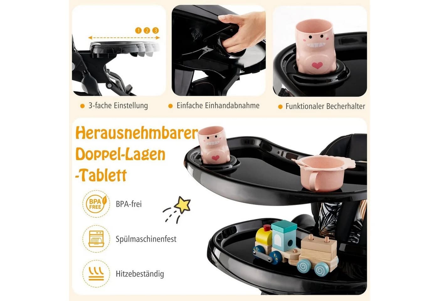 COSTWAY Hochstuhl Babystuhl Klappbar Verstellbar Liegefunktion Räder - Bild 3