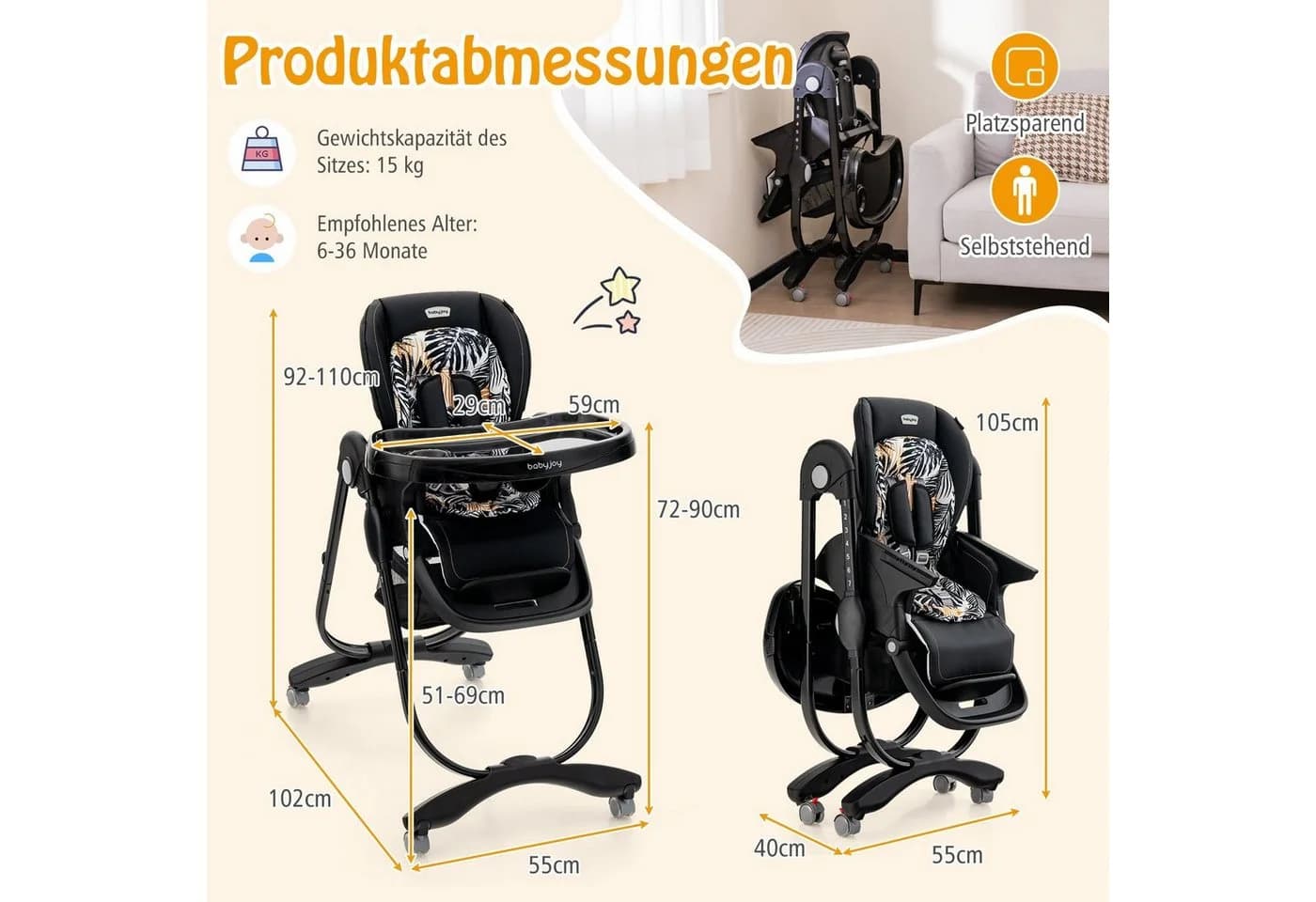 COSTWAY Hochstuhl Babystuhl Klappbar Verstellbar Liegefunktion Räder - Bild 4