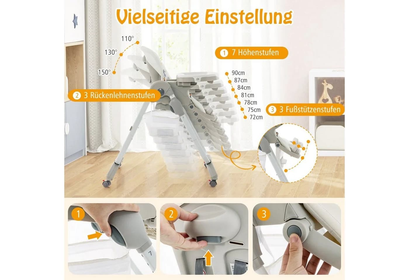 COSTWAY Hochstuhl Babystuhl Klappbar Verstellbar Liegefunktion Räder