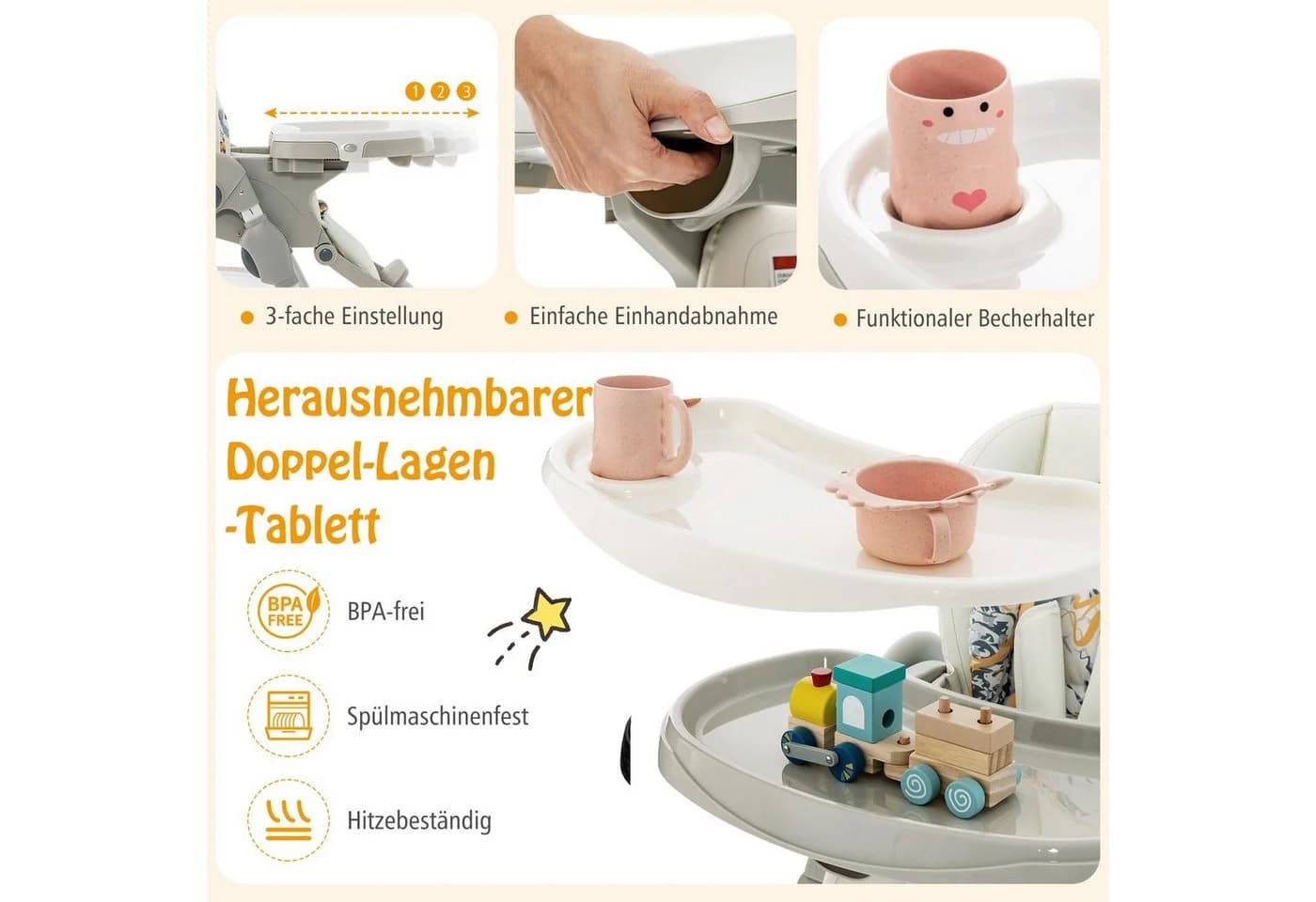 COSTWAY Hochstuhl Babystuhl Klappbar Verstellbar Liegefunktion Räder - Bild 3